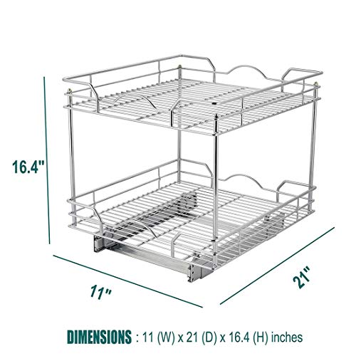 Pull Out Cabinet Organizer(11\"W x 21\"D x 16.4\"H ), 2 Tier Heavy Duty Slide Out Kitchen Cabinet Shelves, Sliding Drawer for Cabinet , Wire Frame, Chrome Finish