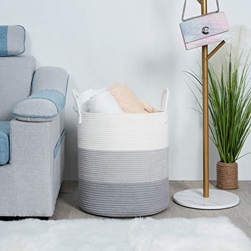 Mintwood Design Large 18 X 16 Inches Decorative Woven Cotton Rope Basket, Tall Laundry Basket Hamper, Blanket Basket For Living Room, Storage Baskets For Toys, Towel, Throw, Pillow, 3-Tone Light Grey #TOP4