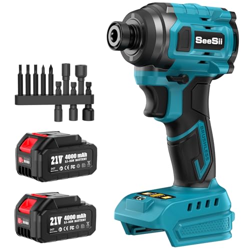 Seesii Avvitatore a batteria da 21 V con coppia massima di 220 N.m, 1/4" con due batterie da 4 Ah, velocità variabile, 0-3250 giri/min, 10 punte