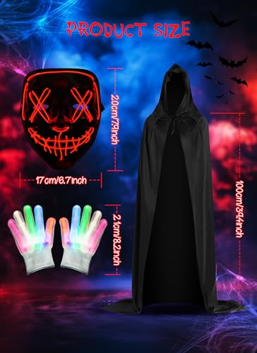 Teen Boys Halloween Costumes 3 Set, Hooded Cloak with Gentle Up Scary LED Masks & Skeleton Gloves, Halloween Costume for Boys - Image 5