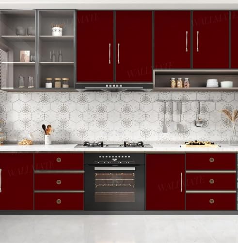 Image of WALLMATE? Maroon Glossy Wallpaper Peel & Stick Vinyl Contact Paper Self Adhesive Wallpaper for Kitchen Cabinets Furniture Countertop Removable Waterproof Wallpaper (12 x 50 inch, Maroon)