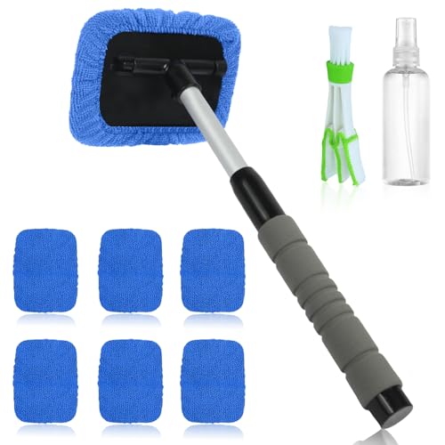 AMFUN Herramientas De Limpieza De Parabrisas De Coche, Limpiador Parabrisas Ventanas de Coche Cepillo, Cepillo Lavar Coche, 6 Almohadillas de Microfibra, con Cabezal Giratorio 180°(Azul)