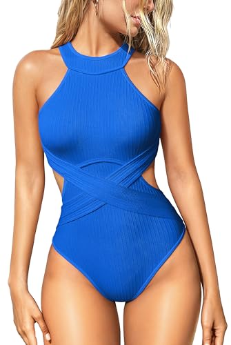 OQQ Women\'s One Piece Swimsuits Tummy Control High Waisted Cross Bathing Suit Wrap Tie Back 1 Piece Swimwear Blue