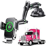 WCKESI Wireless car Charger Truck Phone Mount Holder, [10-inch Long arm] 15W Fast Charging Pickup Heavy Duty Trucks Vacuum Phone Holders Large SUV Windshield Dashboard, for iPhone Samsung LG