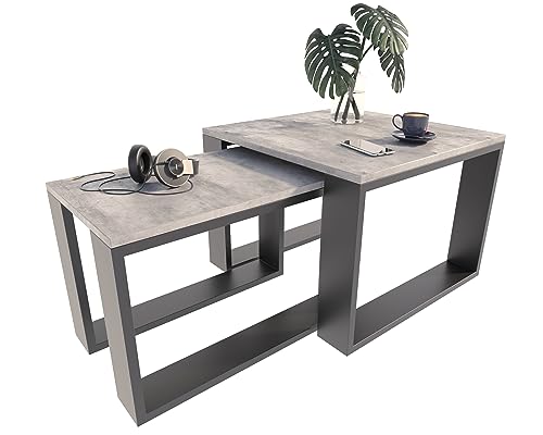 MATKAM Satztisch 2er Set, Couchtisch im Industrie-Stil, hoher Beistelltisch B60 x T60 x H43,3 cm, niedriger Beistelltisch B39 x T39 x H40,8 cm, einfache Montage (Beton) MATKAM Satztisch 2er Set, Couchtisch im Industrie-Stil, hoher Beistelltisch B60 x T60 x H43,3 cm, niedriger Beistelltisch B39 x T39 x H40,8 cm, einfache Montage (Beton)