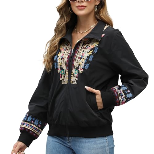 Grosy Boho Embroidered Bomber Jacket Women Fashion Floral Windbreaker Mexican Lightweight Zip Cropped Coat Fall Winter3