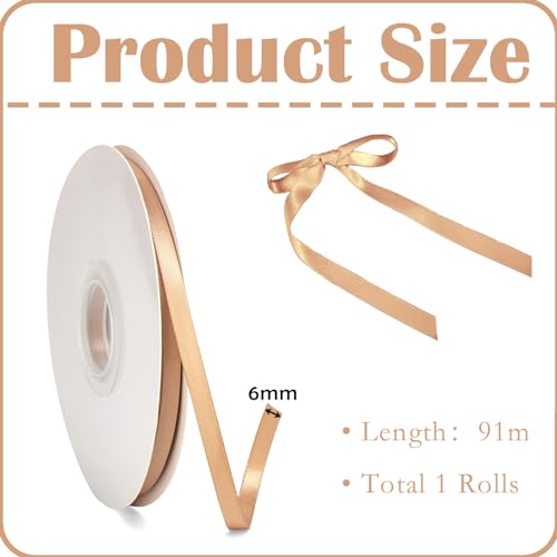 POPOYU Champagne Gold Satin Ribbon 6mm for Gift Wrapping Crafting, Party Cake Decoration - Image 2