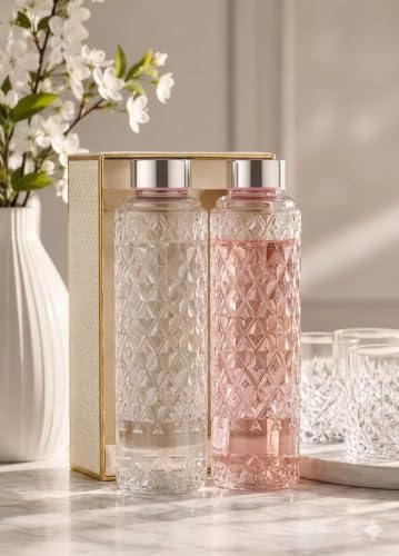 Image of Diamond Cut Glass Water Bottles with Stainless Steel Lid, Clear, Set of 6, 1000ml, BPA Free, Kids' School Water Bottles, Lab Weighing Bottles, GYM Water Bottle