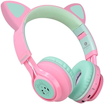 Riwbox Bluetooth Headphones, CT-7 Cat Ear LED Light Up Wireless Foldable Headphones Over Ear with Microphone and Volume Control for iPhone/iPad/Smartphones/Laptop/PC/TV (Pink&Green)
