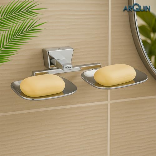Image of ARQUIN ARQUIN Twin Soap Dish for Bathroom | Dual Soap Holder Bathroom Accessories Set | 304 Grade Stainless Steel Soap Dish | Soap Stand | Drainage Slots Soap Stand for Washbasin Aqua(Chrome)