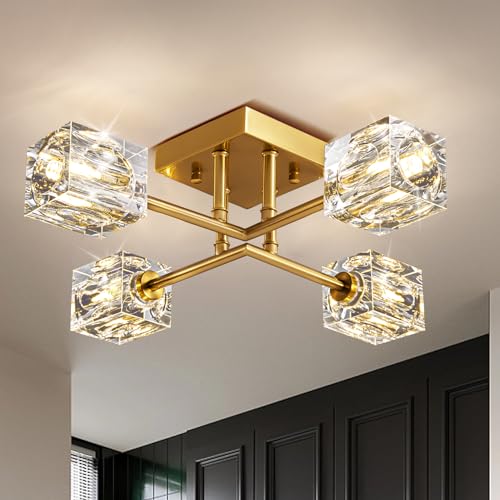 Gold Modern Sputnik Chandelier Ceiling Light Fixtures,4-Lights Industrial Crystal Semi Flush Mount Ceiling Light for Bedroom Dining Room Hallway Kitchen Bedroom Entryway by OKES - Used condition - US$64.59