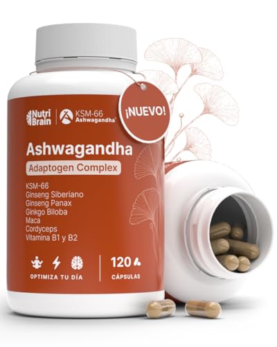 Ashwagandha COMPLEX con KSM-66, Ginseng, Ginkgo Biloba, Maca, Cordyceps & Vitaminas B1 y B2 | Adaptogéno Anti-Estrés, Equilibrio, Energía, Rendimiento | 120 Cápsulas | Vegano, No OGM, Sin Gluten