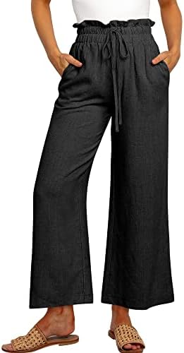 ANRABESS Women's Linen Pants Casual Loose High Waist Drawstring Wide Leg Capri Palazzo Lounge Pants Cropped Trousers Summer Boho Outfits 939heise-M Black