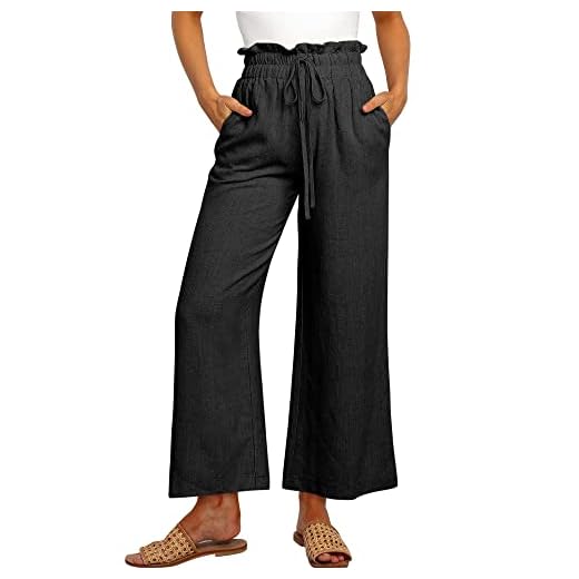 ANRABESS Women's Linen Pants Casual Loose High Waist Drawstring Wide Leg Capri Palazzo Lounge Pants Cropped Trousers Summer Boho Outfits 939heise-M Black