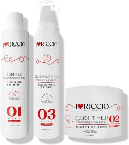 I Love Riccio Kit Mini Size per Capelli Ricci e Mossi con Mousse, Include uno Shampoo, una Maschera e una Mousse di Styling, Indicato per Capelli Ricci di Texture Medio-Sottile, con Collagene