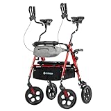ELENKER All Terrain Upright Rollator Walker with Seat, Foldable Stand Up Walkers for Seniors with Armrest, Front Pouch, 10” Wheels, Fully Adjustment Frame, Red