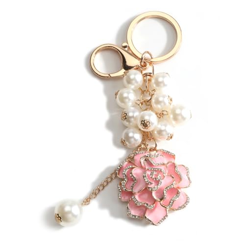 Camellia Keychain for Women Bling Crystal Rhinestone Flower Keycharms for Bag Charm Womens Elegant Gift
