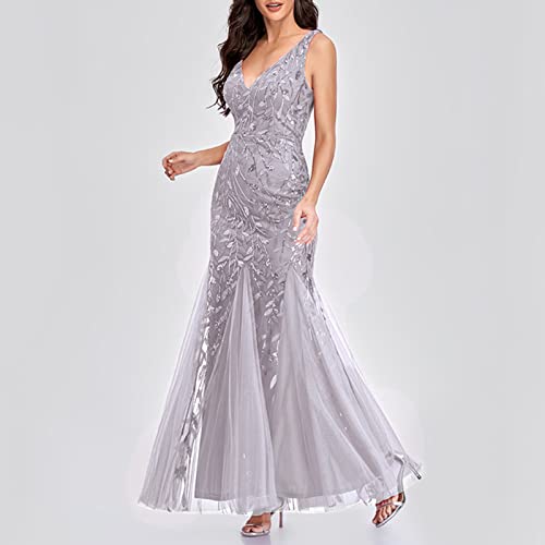 Ifotime Womens Fishtail Evening Dresses Embroidered Sleeveless V Neck Wedding Bridesmaid Evening Long Maxi Dress Floor Length A-Grey #TOP3