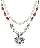 Doppelreihiges Perlen Collier mit Hirsch Anhänger Rot - Außergewöhnliche Perlenkette zu Dirndl und Trachten