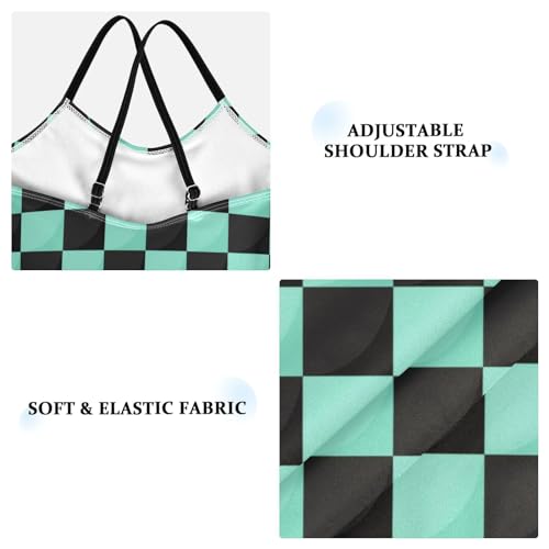 Checkerboard Girls One Piece Swimsuits Light Green Black Sport Halter Swimwear Beach Bathing Suit 9-10T3