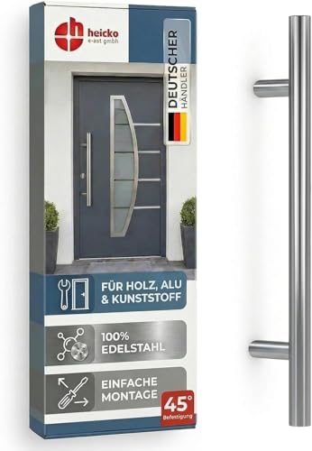 h heicko Vanessa Edelstahl Stoßgriff mit 45° Stützen – Haustürgriff Edelstahl matt gebürstet – Türgriff für Haus- & Schiebetüren – L = 600 mm/A = 400 mm – inkl. Montagematerial