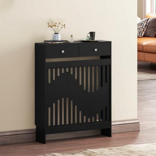 Luxstein Radiator Cover with Drawers Black Wooden Radiator Shelf Pipe Covers Cabinet with Wavy Grill for Living Room Bedroom Hallway 78Lx19Wx95Hcm