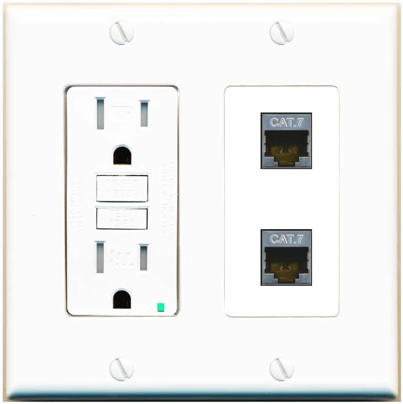 RiteAV 2 Port Cat7 Shielded Ethernet Wall Plate - GFCI Outlet [White]