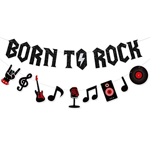 Born to Rock Glitter Banner with Music Note Garland 1950's Rock and Roll Party Decorations Music Theme Baby 1st Birthday Party Supplies 50s Rock Party Favors Record Wall Decor