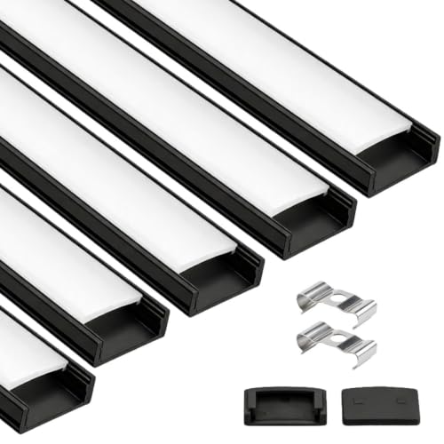 Image of Lighting (18x6mm) LED Strip Light 1Meter Black Aluminium Rectangular Surface Profile Light Channels with Diffused, Black End Caps and Mounting Clips Without LED Straight Linear (5)