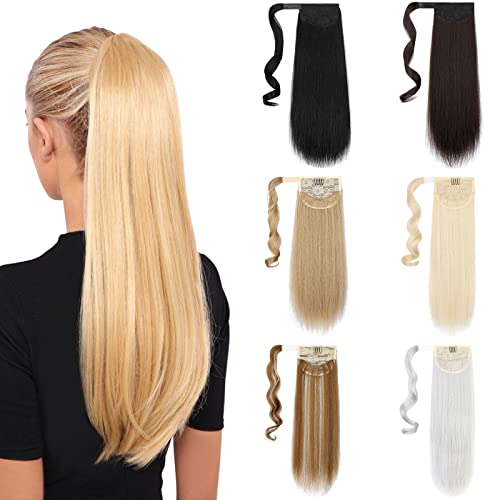 XBwig 18" 22" Wavy Straight Ponytail Extensions Unique Pocket in Hairpiece Wrap Around Long Hair Extensions for Women Girl Black Brown Blonde