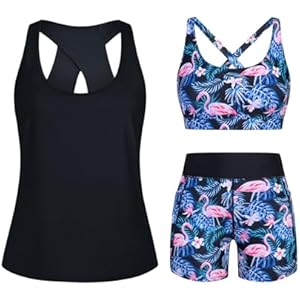 HUSKARY 3 Piece Tankini Swimsuits for Women Swim Tank Top with Bra and High Waist Boy Shorts with Pockets Flamingos 20 Plus