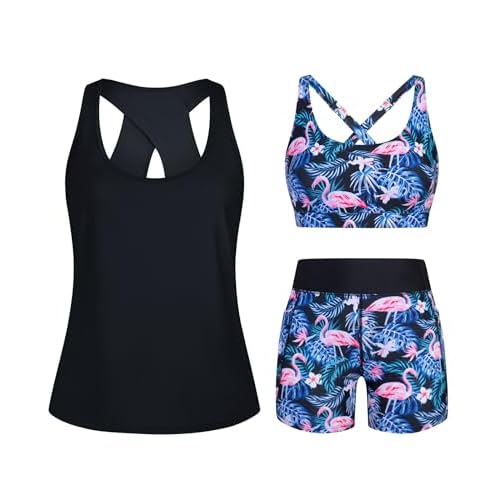 HUSKARY 3 Piece Tankini Swimsuits for Women Swim Tank Top with Bra and High Waist Boy Shorts with Pockets Flamingos Medium