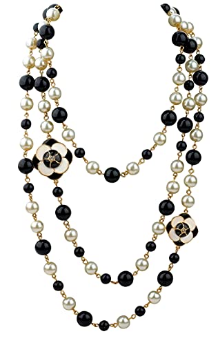 Vintage Inspired Imitation Pearl Long Strand Black and White Camellia Flower Costume Layered Necklace, Statement Multiple Strands Pendant for Women, Jewelry Gift