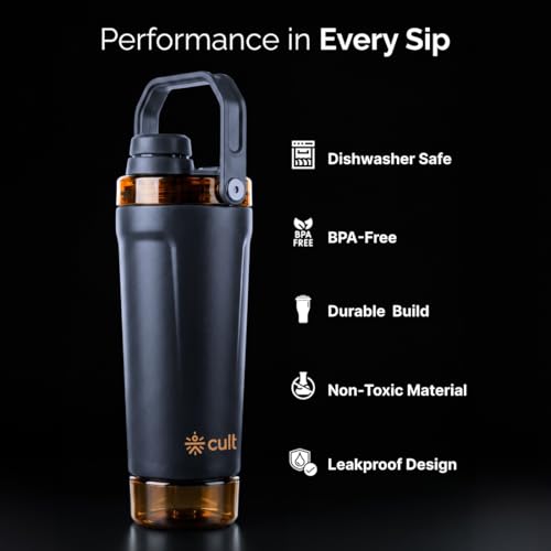 Image of CULT Steel Shaker Bottle 600ml Protein Mixer Bottle with Secure Lock Lid, Storage Compartment & Non-Slip Grip for Gym & Travel, BPA-Free