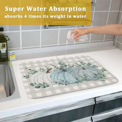 Aportt Fall Drying Mats For Kitchen Counter 18×24 Inch Large Microfiber Drying Mat Blue White Pumpkin Thanksgiving Harvest Festival Kitchen Decor Accessories Dish Rack Mat Drainer Pad Washable Absorbent thumb #6