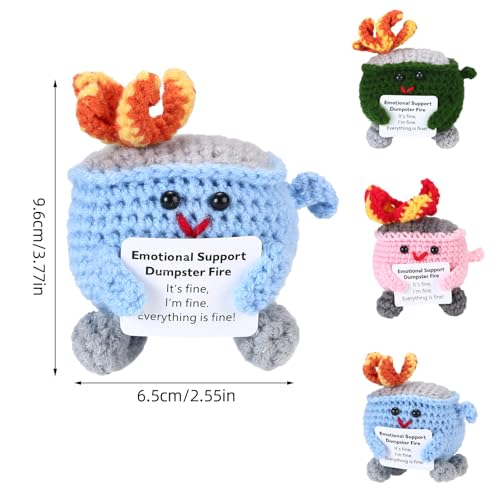 Image of RovyFota Emotional Support Crochet Dumpster Fire with Positive Card Cute Room Decor Knitted Toys Funny Crochet Support Buddies Gifts for Friends (Green&Pink&Blue)