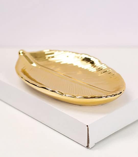 Miniatura 8 de DudWocy Bandeja de joyería con forma de hoja dorada, plato de cerámica para anillos de metal, soporte para platos de baratijas para bodas, fiestas,
