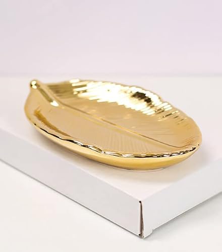 Dudwocy Golden Leaf Shaped Jewelry Tray Ceramic Ring Dish Metal Trinket Dish Holder For Wedding Party Woman Girls (Leaf Jewelry Tray) #TOP5