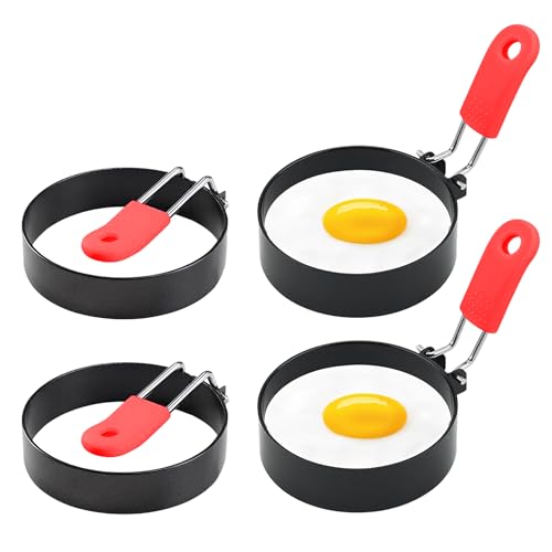 Egg Ring 4-Pack Stainless Steel Egg Rings with Anti-Scald Folding Handle Non Stick Coating Suitable for Egg Frying Shaping Pancakes Mini Burger