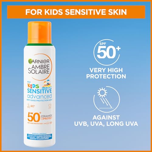 Garnier Ambre Solaire SPF 50+ Kids Anti-Sand Mist, Children's Sun Protection Spray, Non-Greasy and Fast-Absorbing, Water- and Sand-Resistant, Hypoallergenic, Sensitive Advanced, 150 ml - Image 4