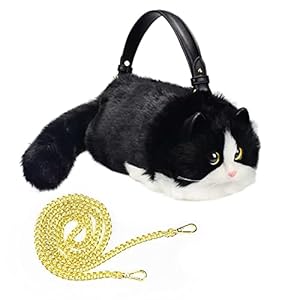 HUIJUFU Realistische Puffy-Plüsch-Katzentasche in Form einer Umhängetasche für Frauen(Schwarze und weiße Katze)