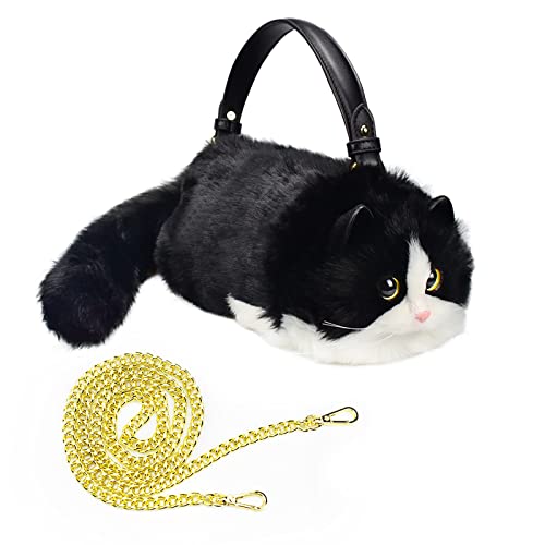 Image of Realistic Puffy Plush Cat Shaped Crossbody Handbag for Women
