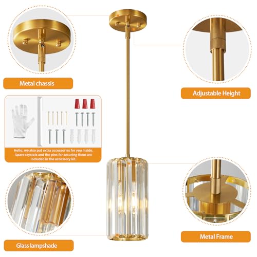 Image of Gold Pendant Lighting Modern Pendant Light Mini Crystal Chandeliers Adjustable Pendant Light Fixture for Kitchen Island Dinning Room Corridor Bedroom (Gold 1-Light)