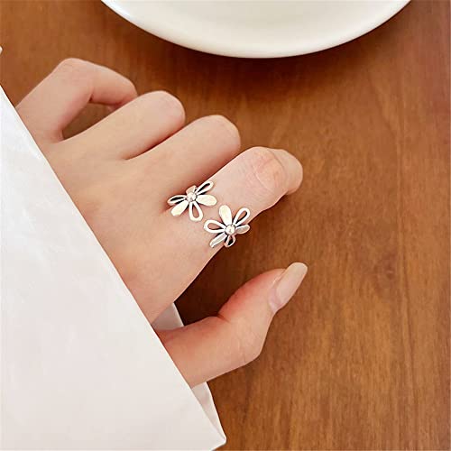 Daisy Flower 925 Sterling Silver Adjustable Open Ring For Women Girls Hypoallergenic Expandable Wedding Statement Finger Rings Comfort Fit Dainty Engagement Birthday Mother's Day Jewelry Gift #TOP2