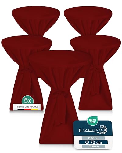Beautissu 5X Premium Stehtischhusse Blickdicht Bordeaux Ø 70-75 cm – rutschfest Bügelfrei & 40°C Waschbar Stehtischüberzug mit Schleifenband – Husse für Stehtisch Bistrotisch Bartisch Gastronomie
