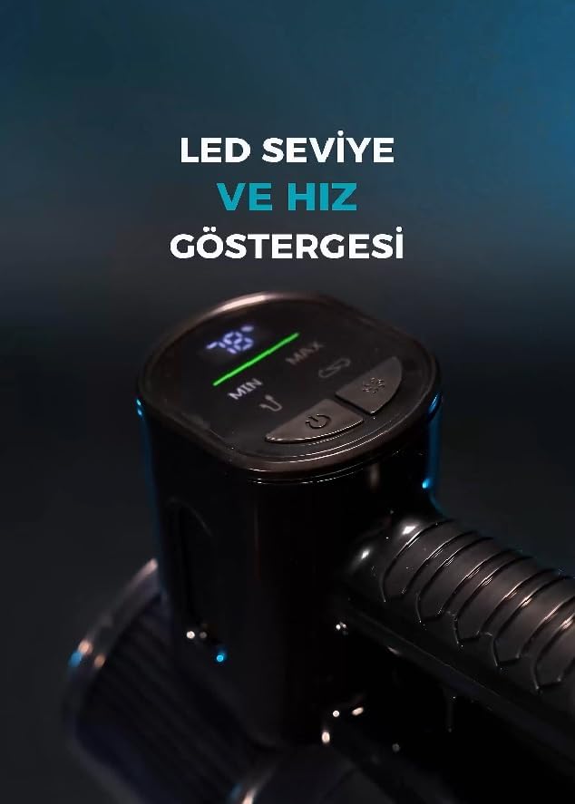 Close-up of the Sinbo SVC-8623's LED display showing battery level and suction speed settings (MIN/MAX).