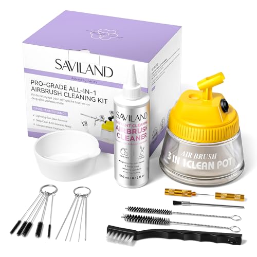 SAVILAND All-in-1 Airbrush Cleaning Kit: 240 ml Fast Airbrush Cleaner Low Odor & Needles Kit 3-in-1 Airbrush Cleaning Pot Easily Handle Water-Based & Acrylic Airbrush Paint Nail Art Painting Tools