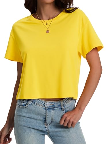 Image of SMENG Women's Workout Crop Tops UPF50+ Cotton Soft Breathable Tshirt Loose Short Sleeve Yoga Athletic Shirt
