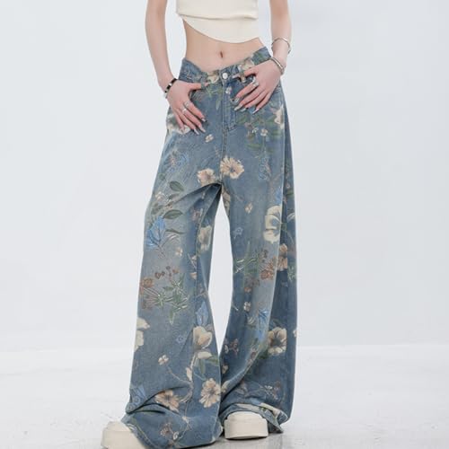 Women's Fashion High Waist Wide Leg Denim Pants Casual Y2K Streetwear Vintage Flowers Printed Baggy Jeans2