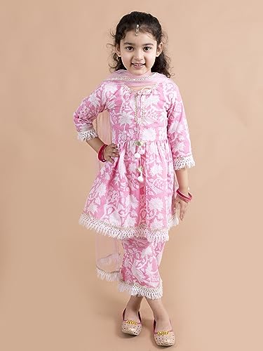Pspeaches Girls Pink Printed Gotta Patti Pure Cotton Kurta With Palazzos With Dupatta (Pink-6-7Y)